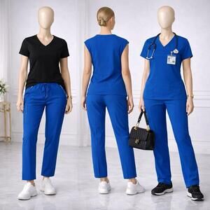 Cherokee Petite Scrub Pants Blue Elastic Waist Drawstring Zip Pockets Nurse Medi